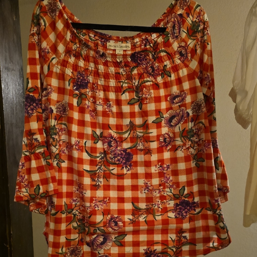 New York Laundry Orange Gingham Floral Peasant Top